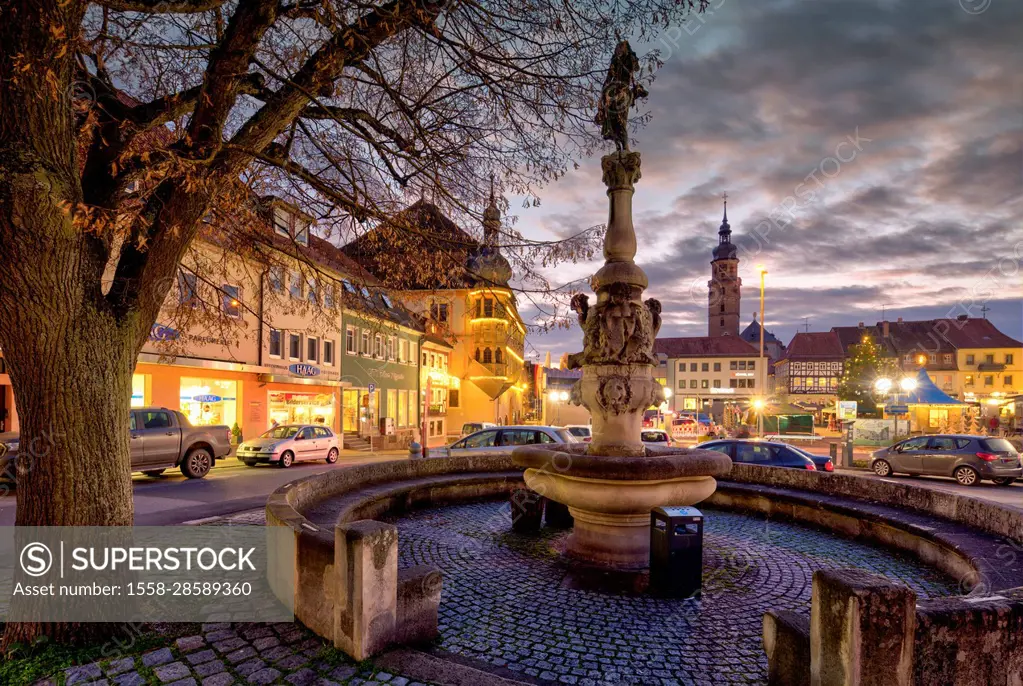 Marketplace, Christmas market, Christmas, blue hour, Bad Königshofen, Franconia, Germany, Europe,