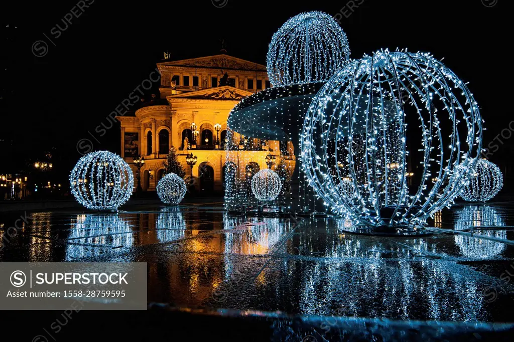 Old Opera House in Frankfurt with fountain and Christmas lighting at night, Christmas in Hesse, Germany