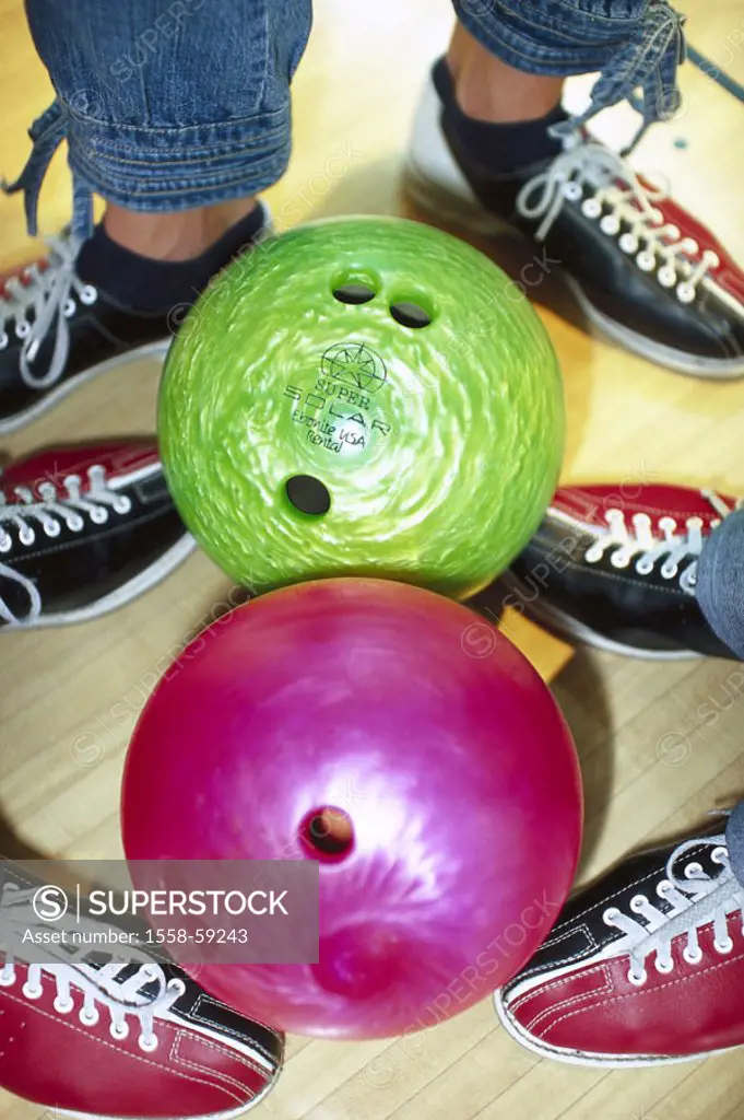 Bowling alley, people, detail, shoes,,  stands, balls  Friends, cone friends, three, cone shoes, bowling shoes, sneakers, special shoes, hobby, leisur...