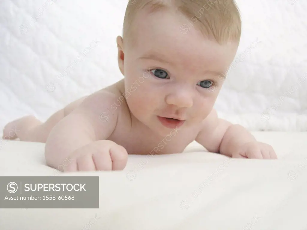 Bed, baby, naked, prone position,  truncated  lying child, infant, 2 months, life section, discovers, expression, color mood, innocence, white concept