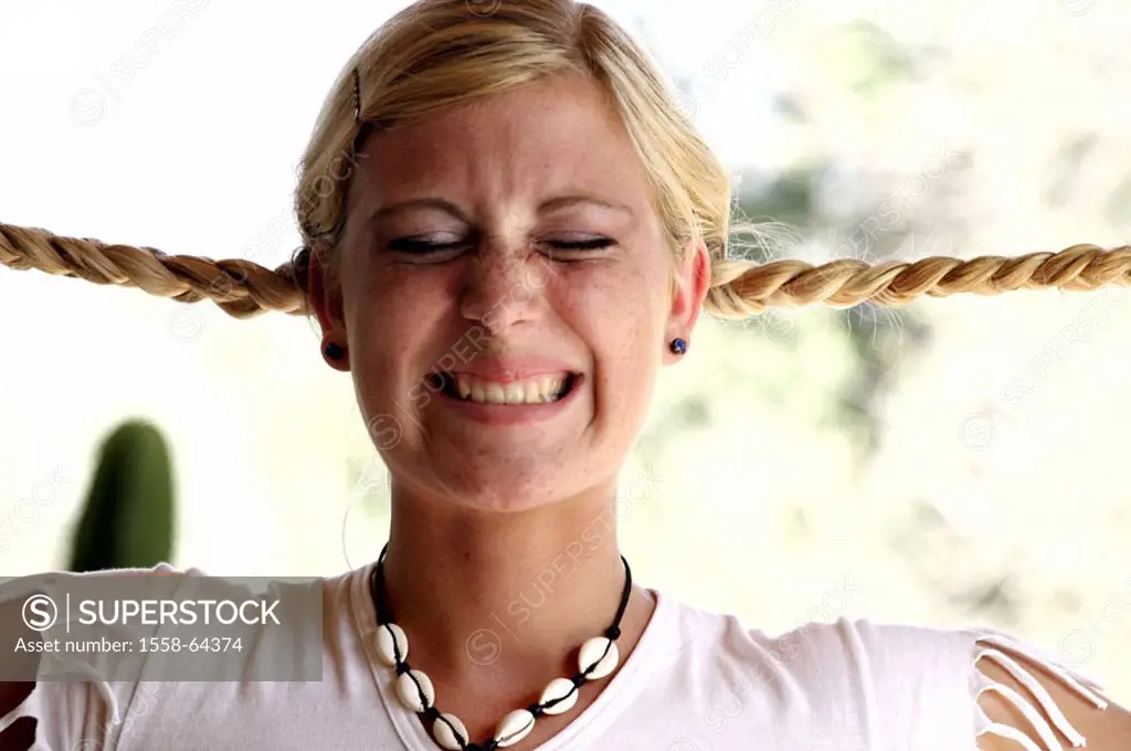 Woman, young, blond, braids, facial expression,,  Grimace, fun, portrait  ´Hair brawls´, pulls, jokes, liveliness, humor, practical joke, closed eyes,...