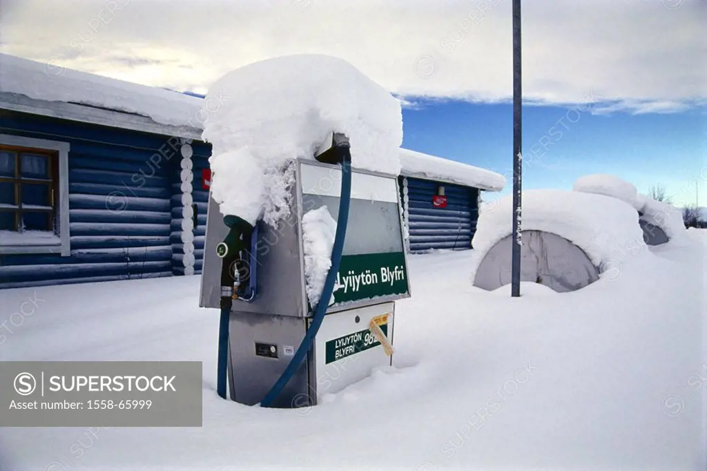 Finland, Lapland, gas station, gotten snowed in, abandoned,  Scandinavia, framehouse, buildings, house, detail, Pump, snow-covered, snow, concept, alo...