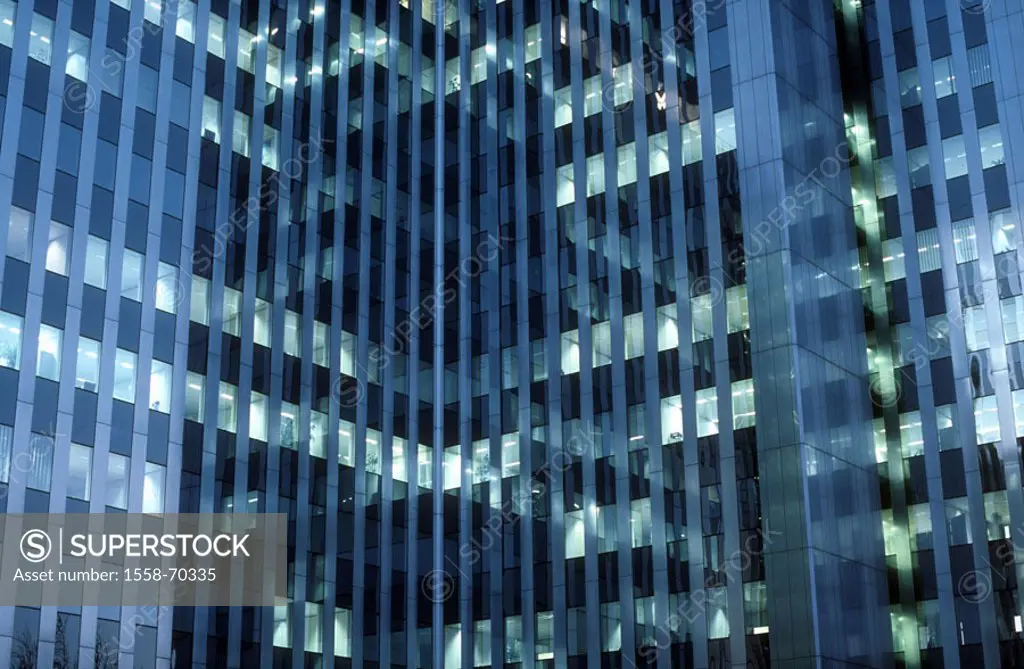 Office high-rise, facade, detail, Twilight  skyscrapers, buildings, glass facades, twilight,  Windows, gaze, offices, insight, transparency, work,  Bu...