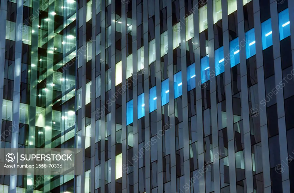 Office high-rise, facade, detail, Twilight  skyscrapers, buildings, glass facades, twilight,  Windows, gaze, offices, insight, transparency, work,  Bu...