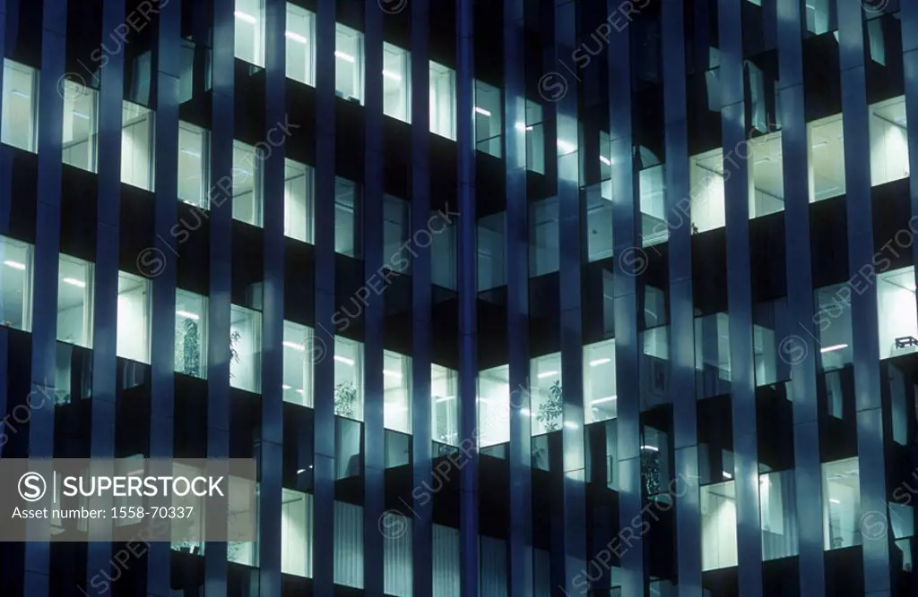 Office high-rise, facade, detail, Twilight  skyscrapers, buildings, glass facades, twilight,  Windows, gaze, offices, insight, transparency, work,  Bu...