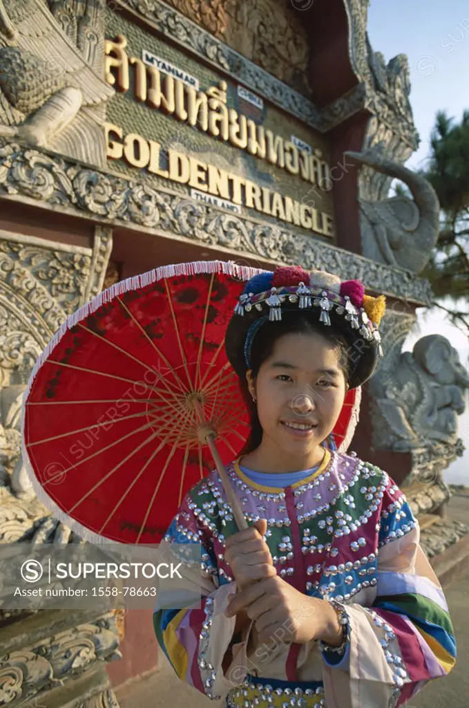 Thailand, golden triangle, Lisu-Stamm,  Woman, people traditional costume, parasol, Half portrait  Asia, southeast Asia, tribe, mountain trunk, Bergvo...