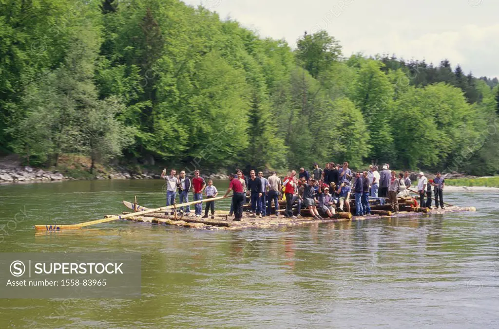 Germany, Bavaria, Isar, Raft trip  close to Baierbrunn, George stone, river, raft, Holzfloß,  Isar raft, leisure time, trip, adventures, enjoyments, f...