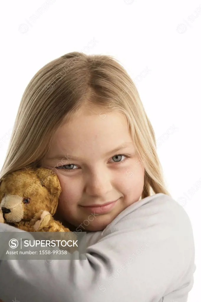 Girls, blond, teddy, embraces,  smiling, portrait,   Series, 9-10 years, child, long-haired, plush animal, Kuscheltier, teddy bear, holding, nestles, ...