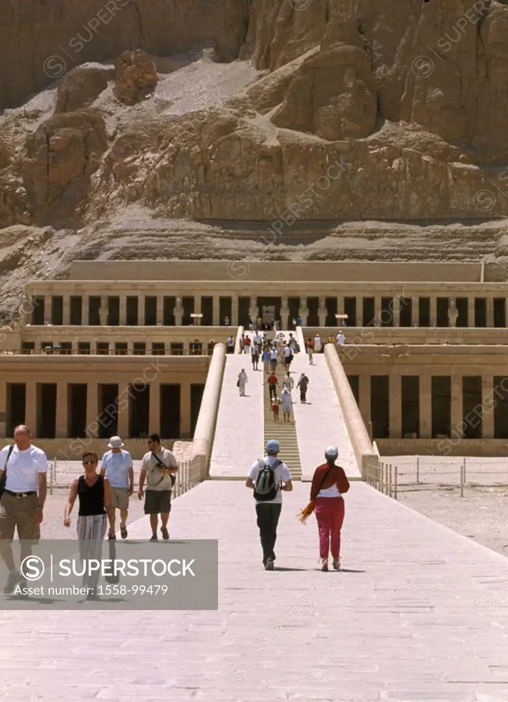 Egypt, Theben, valley of the kings,  Deir el-Bahri, Hatschepsut temples,  Detail, tourists,  Luxor, mountains, terrace temples, Hatschepsut-Tempel, te...