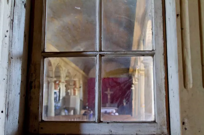 Look by the front door of a wooden church, Chiloe, Chile