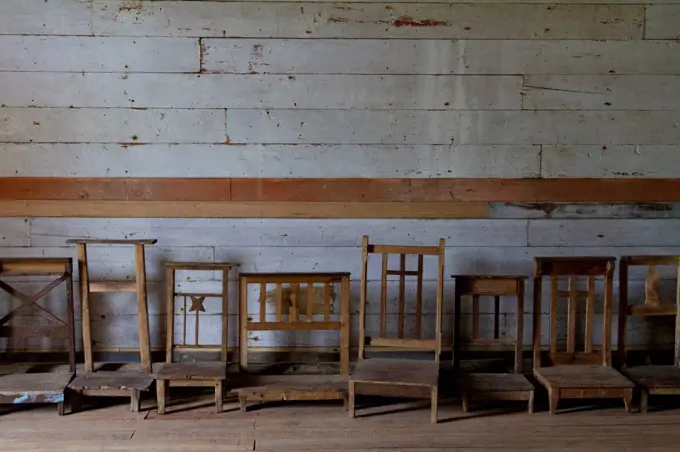 Prayer stool row in pilgrimage church, Chiloe, Chile