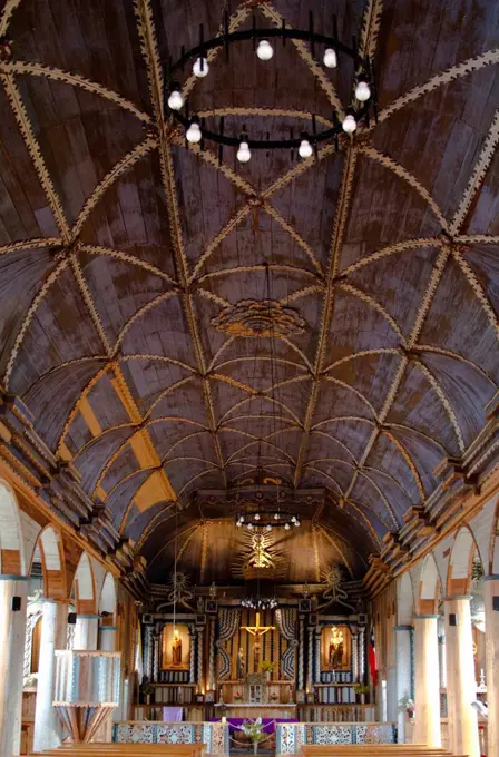 Nave in the wooden church, Curaco, Chiloe, Chile