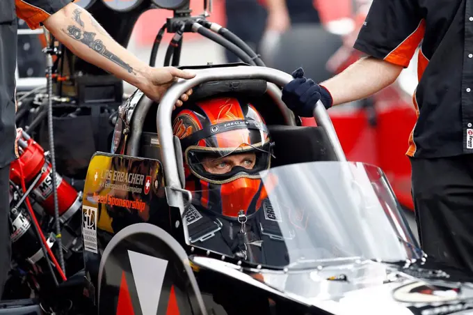 Nitro Olympics Hockenheim in 2011, Dragster, Swiss racer Urs Erbacher in the race car, just before the start, Top Fuel Dragster,