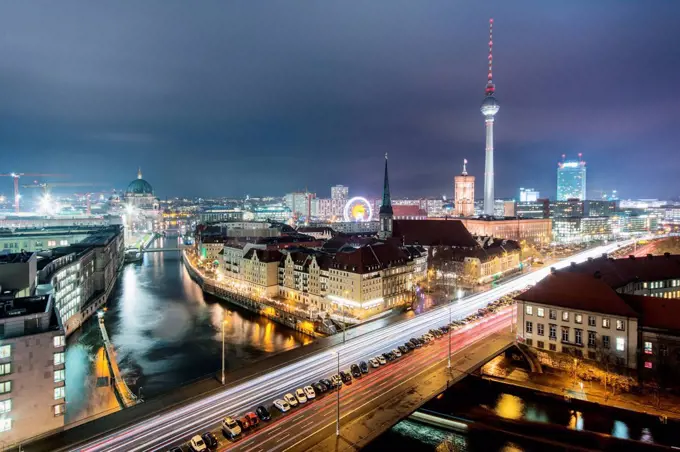 View over the roofs of Berlin, Berlin Mitte, night photography