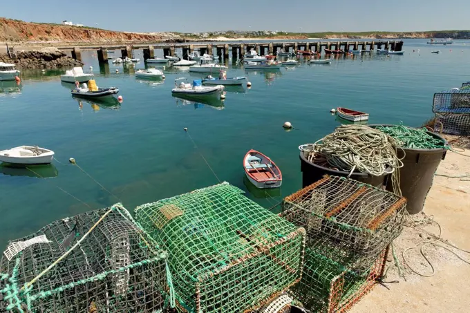 Harbor with fishing boats and lobster baskets in Sagres, Faro, Algarve, Portugal