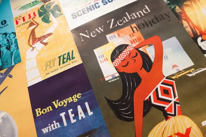 New Zealand, North Island, Auckland, Auckland War Memorial Museum, air travel display, travel posters