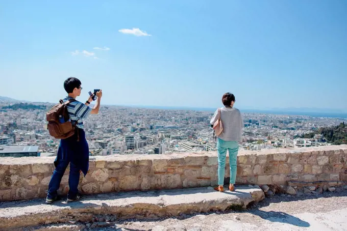 Asian tourists at the Acropolis in Athens, Greece