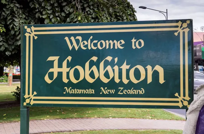 New Zealand, North Island, Matamata, Hobbiton Movie Set, welcome sign