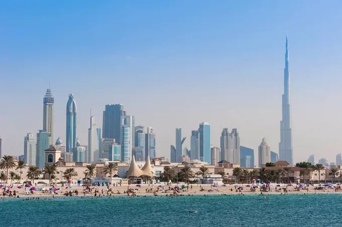 Arabia, Arabian peninsula, the Persian Gulf, United Arab Emirates (VAE), Dubai, Jumeirah Beach and Dubai skyline