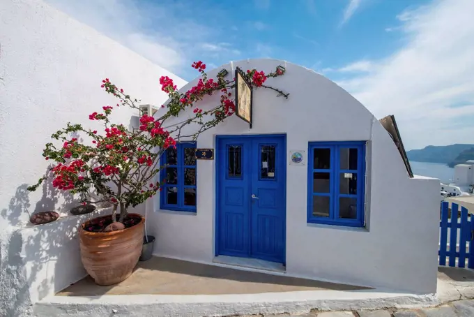 Small white house with plant, Santorin