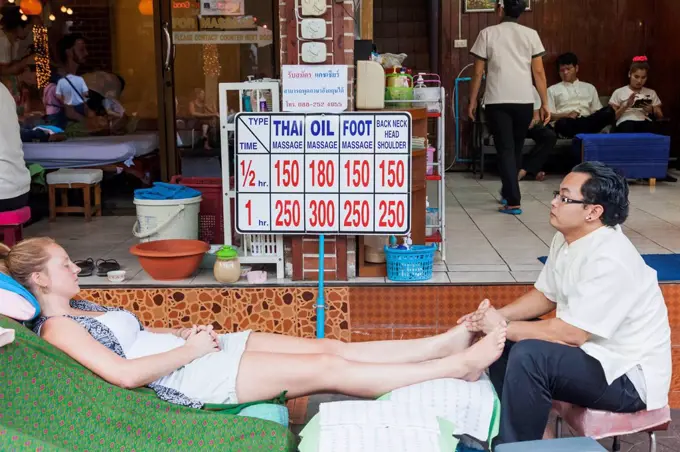 Thailand, Bangkok, Khaosan Road, Female Tourist Having Foot Massage