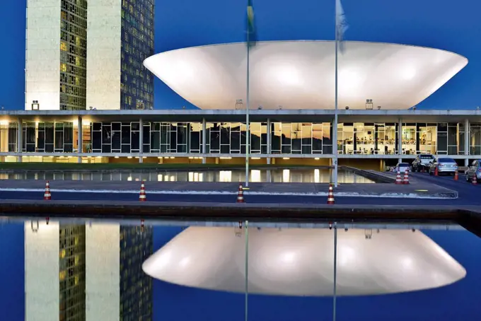 Brazil, Brazil, detailed view from the national congress of Oscar Niemeyer by night,