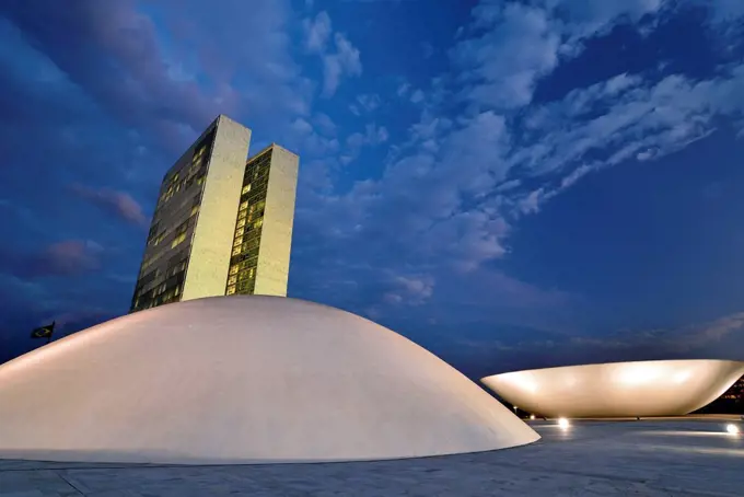 Brazil, Brazil, roof perspective of the national congress of Oscar Niemeyer in the dusk,