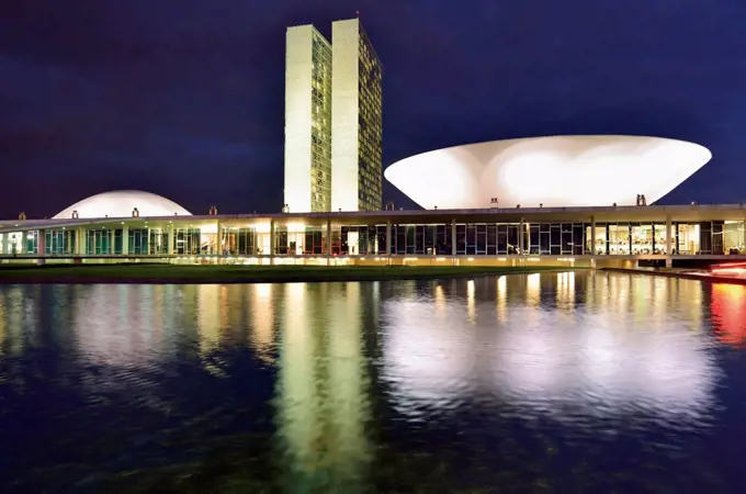 Brazil, Brazil, At night illuminated national congress of Oscar Niemeyer,