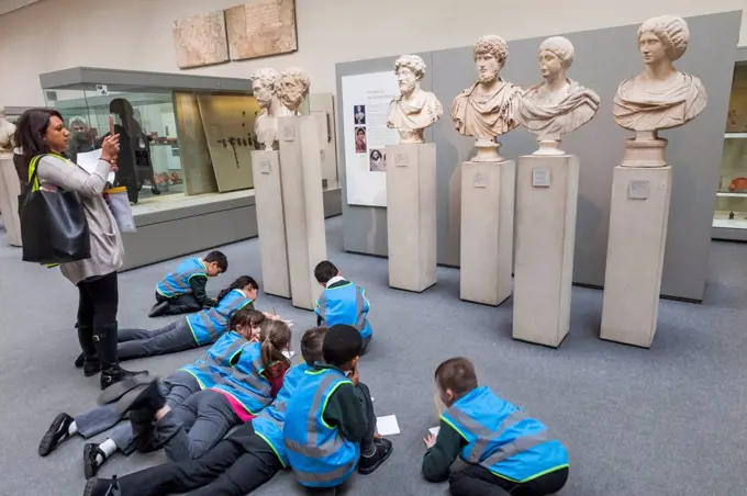 England, London, British Museum, Roman Empire Room, School Children Drawing Roman Busts