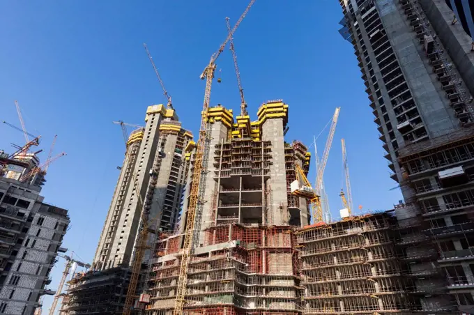 UAE, Dubai, Downtown Dubai, construction cranes