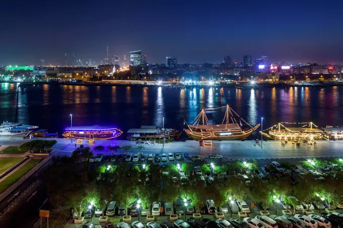 UAE, Dubai, Deira, elevated view of Dubai Creek, dusk