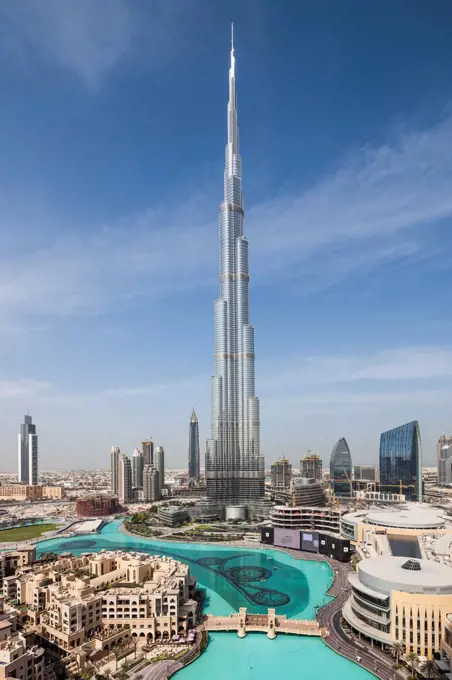 UAE, Dubai, Downtown Dubai, Burj Khalifa, world's tallest building as of 2016, elevated view