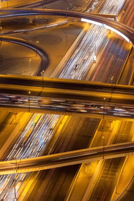 UAE, Dubai, Downtown Dubai, Sheik Zayed Road interchange, elevated view, dusk