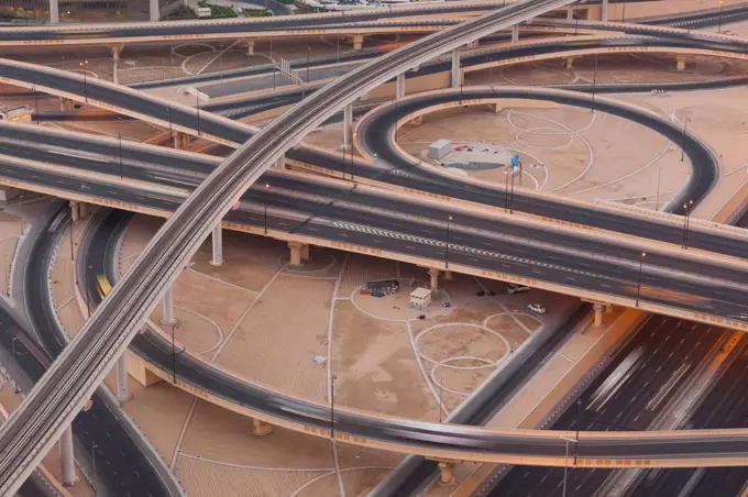 UAE, Dubai, Downtown Dubai, Sheik Zayed Road interchange, elevated view