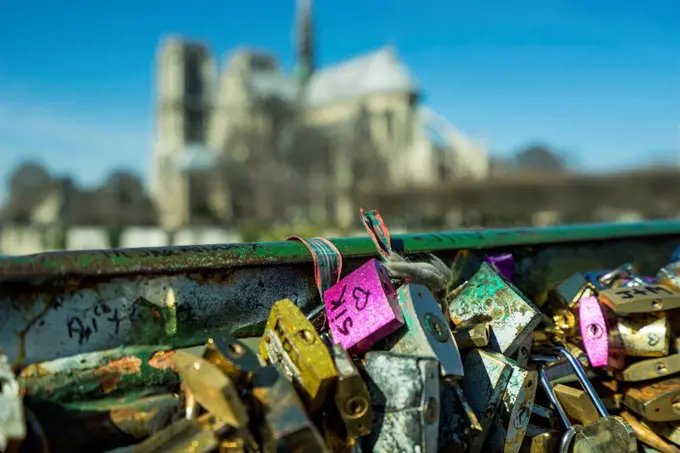 Pont de l'Archeveche in Paris, padlocks left by lovers,Paris, France