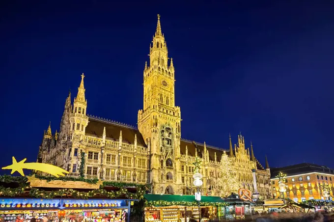 City Hall and Christmas market at night in Munich, Germany