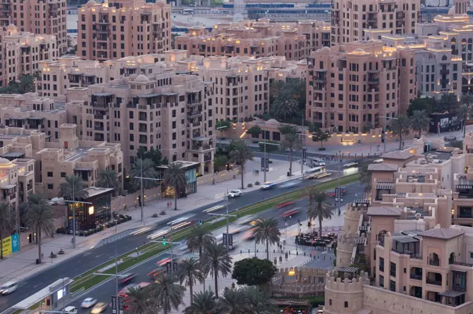 UAE, Dubai, Downtown Dubai, elevated view of Downtown area, dusk