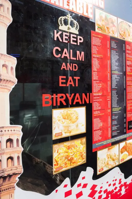 UAE, Dubai, Bur Dubai, sign outside indian restaurant, Keep Calm and Eat Biryani