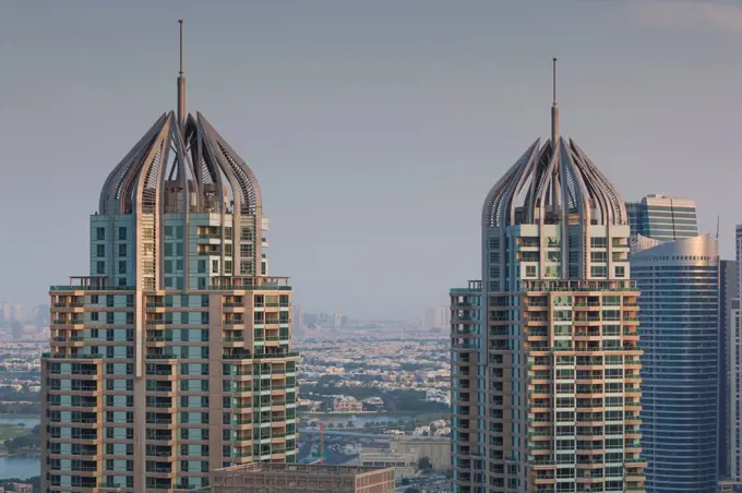 UAE, Dubai, Dubai Marina, elevated view of the marina, dusk