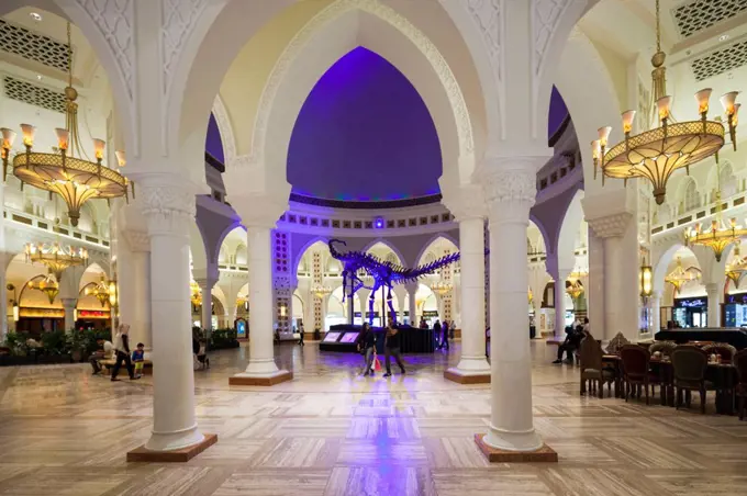 UAE, Dubai, Downtown Dubai, Dubai Mall, interior, Arabic-themed souk area, dinosaur skeleton