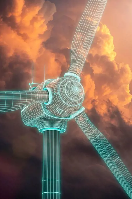 M CGI, 3-D, computer graphics of a polygon model, wind turbine, close up