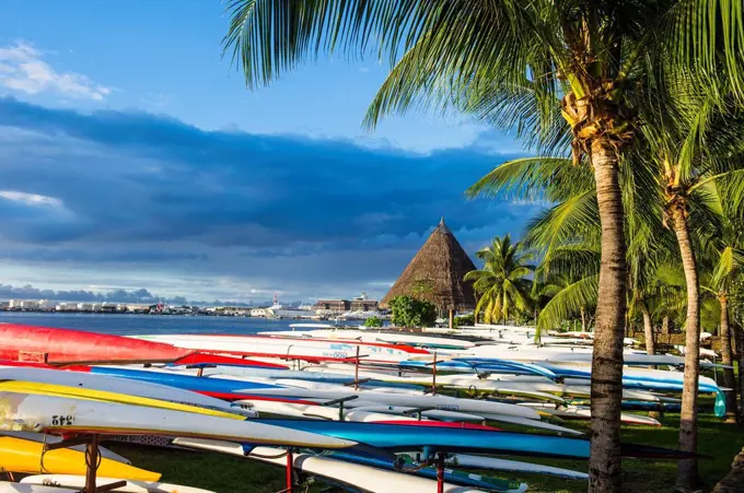 Many kayaks on the beach of Papeete, Tahiti, French Polynesia