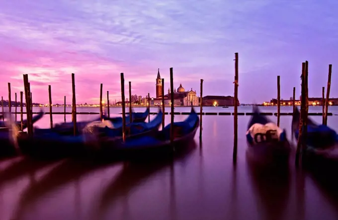 Italy, Venice, Riva Degli Schiavoni, gondolas, morning light