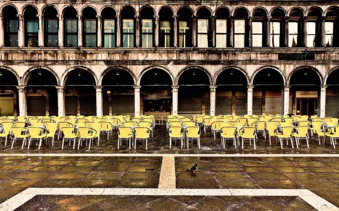 Italy, Venice, St Mark's Square, arcades, cafe, chairs