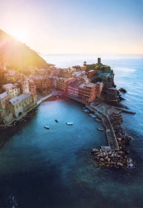 Vernazza, 5 Terre, Liguria, Italy. Aerial view of Vernazza at sunrise.