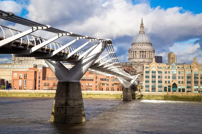 St Paul cathedral and the Millennium Bridge. London city, London, United Kingdom.