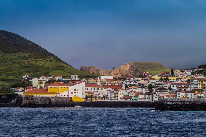 Portugal, Azores, Sao Jorge Island, Velas, town view from the sea