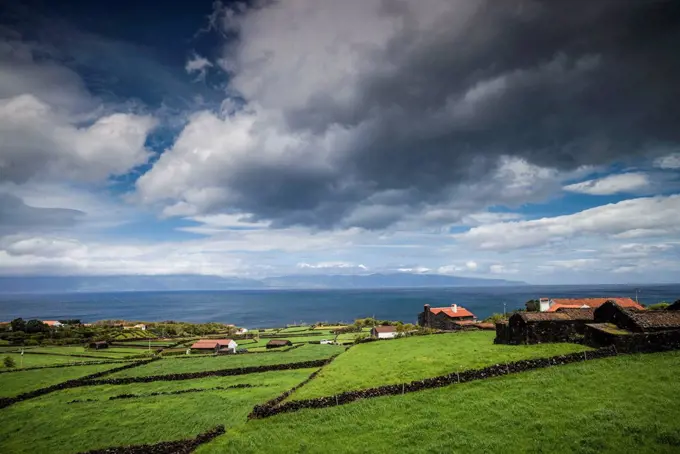 Portugal, Azores, Pico Island, Prainha de Baixo, town fields landscape