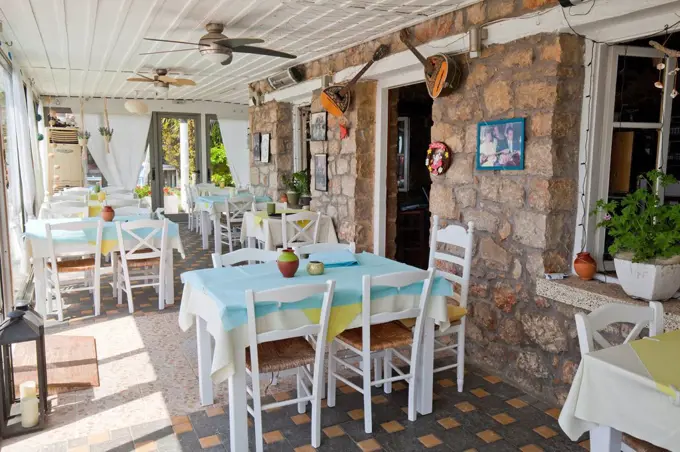 roofed terrace of a restaurant in Greece