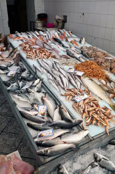 Display with fresh fish in Pirgos in Greece